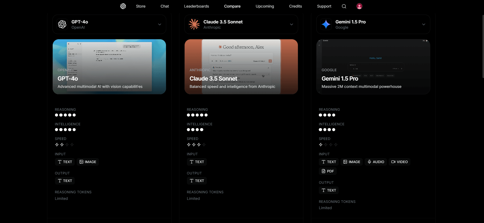 Screenshot comparing multiple models in a metrics table